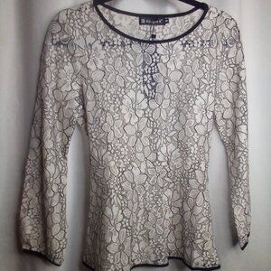 Allegra K Blouse S Long Sleeve Sheer Lace Floral White Black
